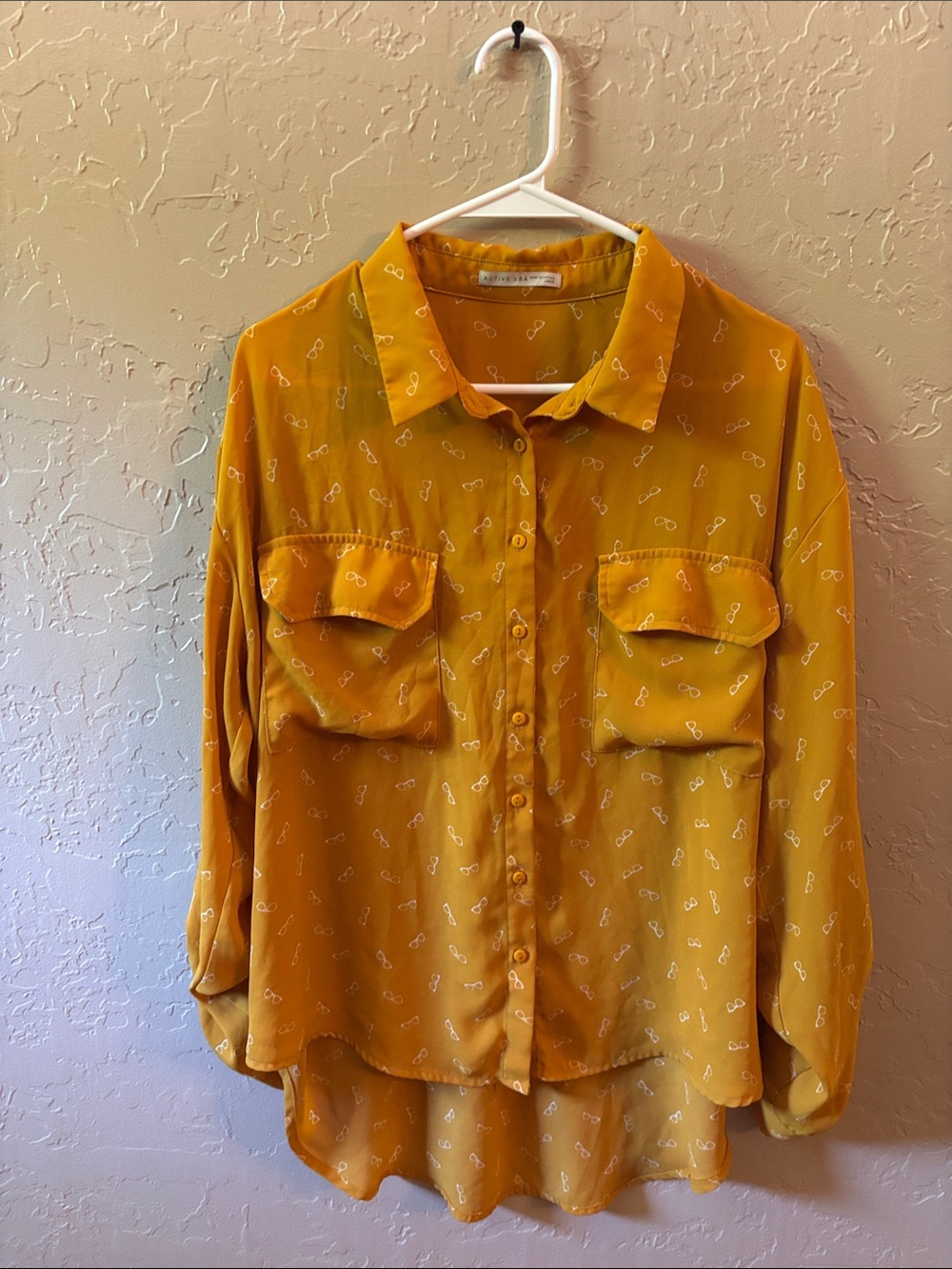 Active USA Mustard Yellow Button-Up Shirt with Sunglasses Print